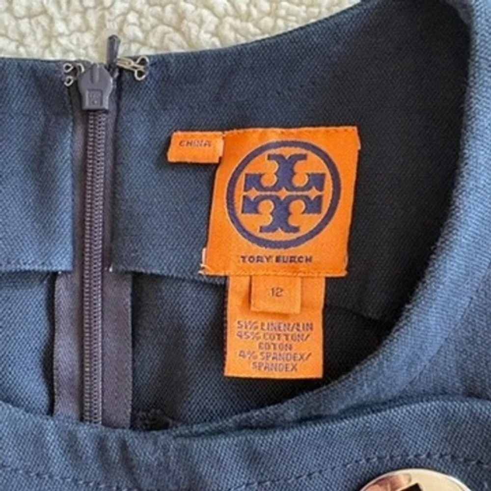 Tory Burch Sheath Miller Dress Size 12 Silver Accent Charm Navy Linen Blend